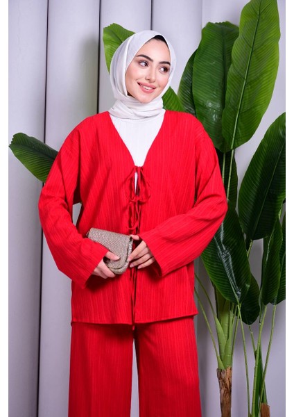 Bağcık Detaylı Pantolonlu Kimono Takım