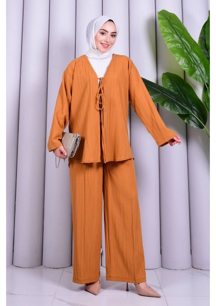 Bağcık Detaylı Pantolonlu Kimono Takım