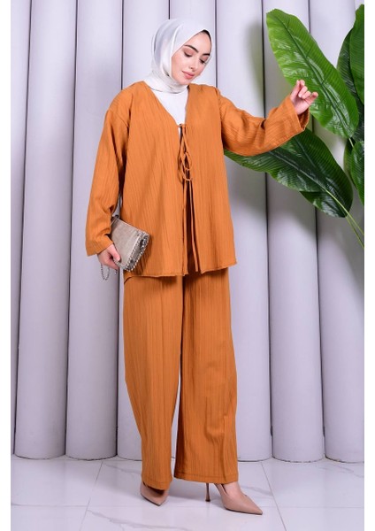 Bağcık Detaylı Pantolonlu Kimono Takım