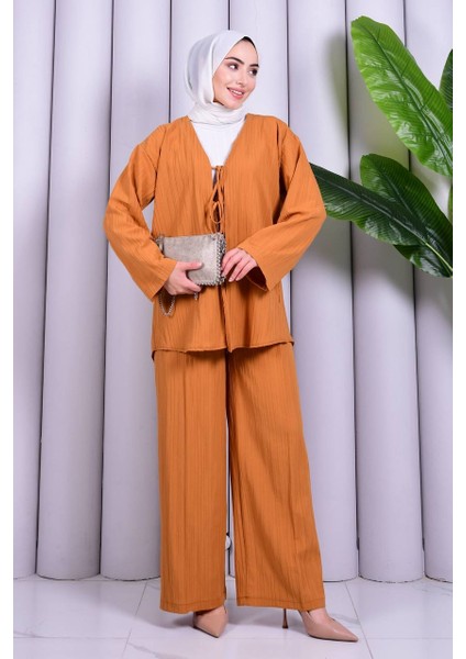 Bağcık Detaylı Pantolonlu Kimono Takım