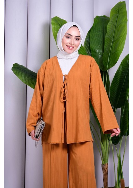 Bağcık Detaylı Pantolonlu Kimono Takım