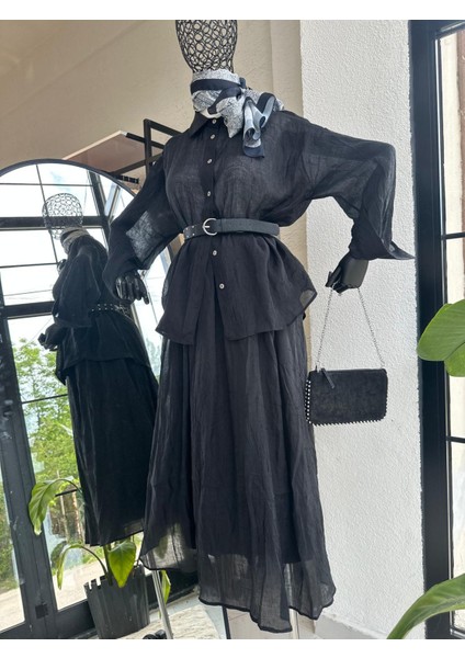 Kırışık Etekli Takım Siyah