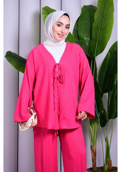 Bağcık Detaylı Pantolonlu Kimono Takım