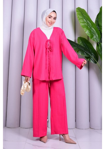 Bağcık Detaylı Pantolonlu Kimono Takım
