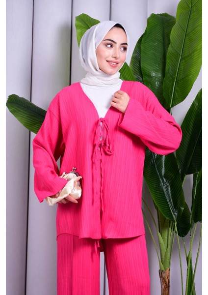Bağcık Detaylı Pantolonlu Kimono Takım