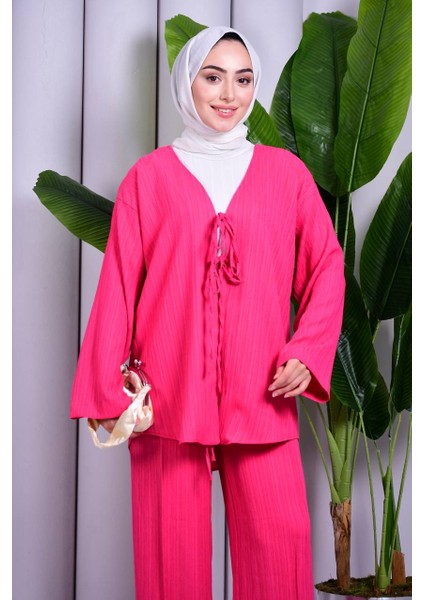 Bağcık Detaylı Pantolonlu Kimono Takım