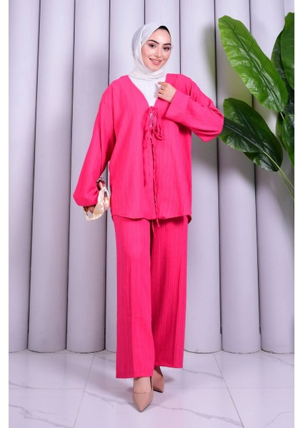 Bağcık Detaylı Pantolonlu Kimono Takım