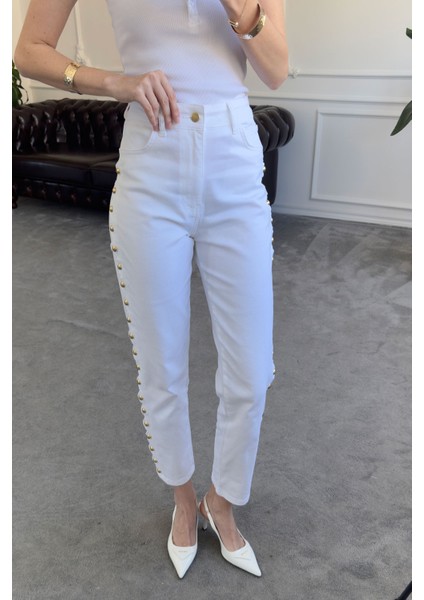 Yanları Dilimli Gold Detay Pantolon- Ekru