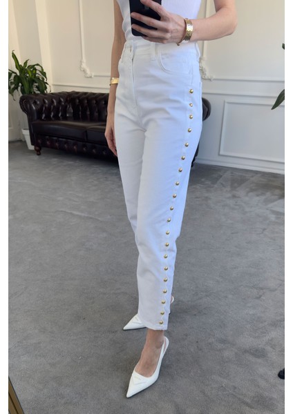 Yanları Dilimli Gold Detay Pantolon- Ekru fiyatları