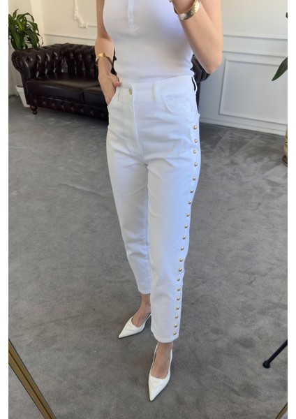 Yanları Dilimli Gold Detay Pantolon- Ekru indirimleri