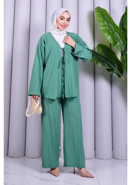 Bağcık Detaylı Pantolonlu Kimono Takım