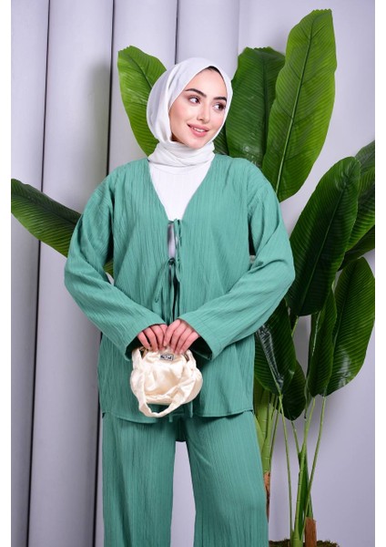 Bağcık Detaylı Pantolonlu Kimono Takım