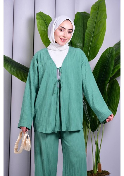 Bağcık Detaylı Pantolonlu Kimono Takım