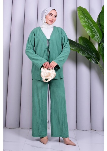 Bağcık Detaylı Pantolonlu Kimono Takım