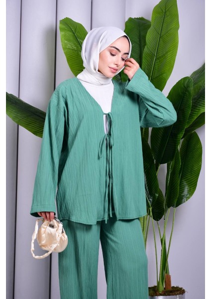 Bağcık Detaylı Pantolonlu Kimono Takım