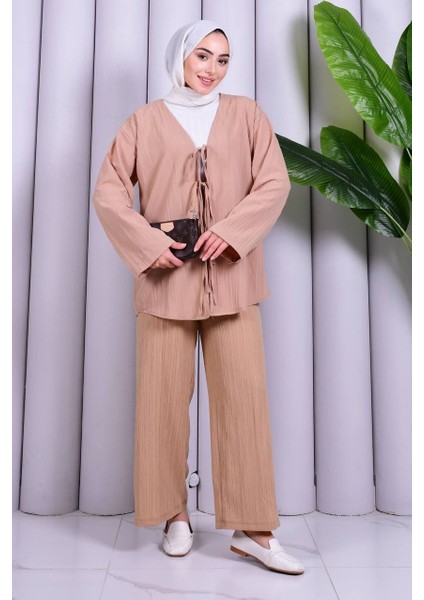 Bağcık Detaylı Pantolonlu Kimono Takım