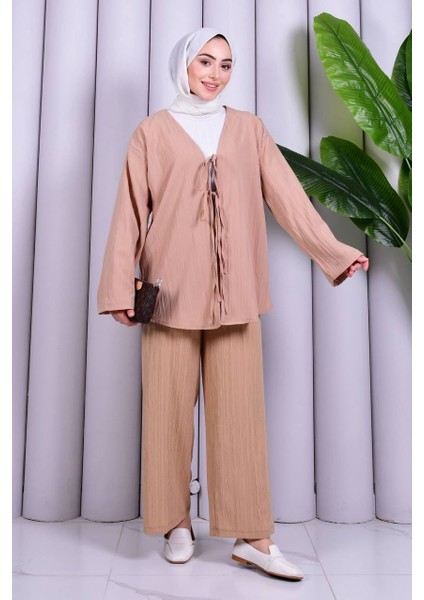 Bağcık Detaylı Pantolonlu Kimono Takım