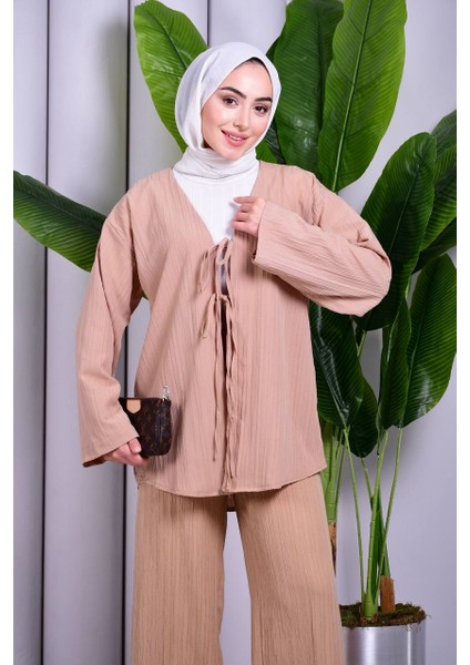 Bağcık Detaylı Pantolonlu Kimono Takım