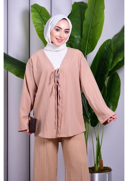 Bağcık Detaylı Pantolonlu Kimono Takım