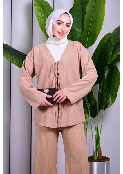 Bağcık Detaylı Pantolonlu Kimono Takım