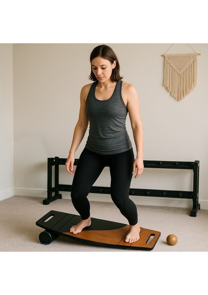 Siyah/kahve Denge Tahtası Balance Roller Board Çift Fonksiyonlu Sörf Eğitim Tahtası Kaykay Eğitim Tahtası 73 x 31 cm