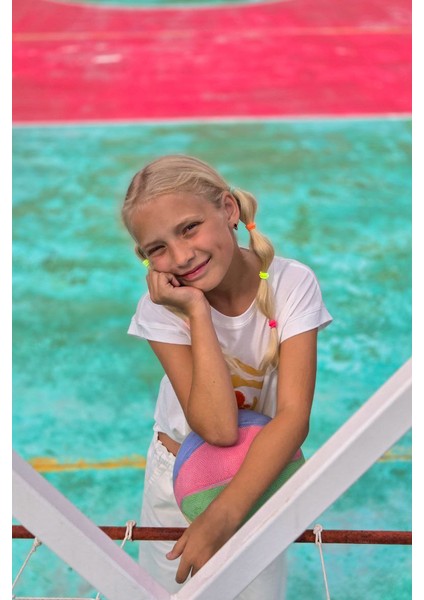 Minojoy Ekru Baskılı Pamuklu Kız Çocuk Tshirt