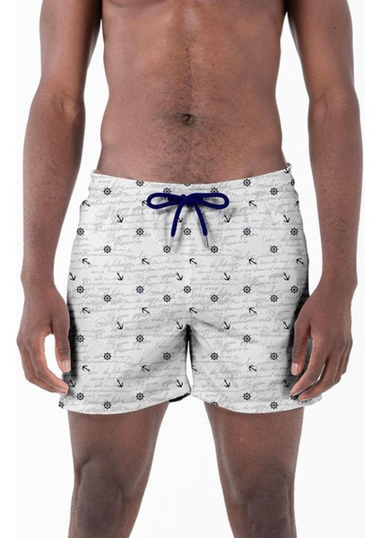 Su Itici Özellikli Dijital Baskılı Erkek Plaj Deniz Şort Mayo - 0204-BEYAZ