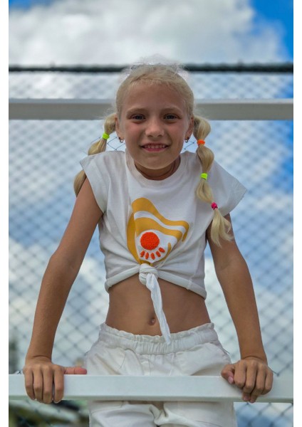 Minojoy Ekru Baskılı Pamuklu Kız Çocuk Tshirt