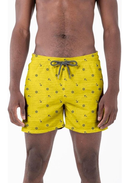 Su Itici Özellikli Dijital Baskılı Erkek Plaj Deniz Şort Mayo - 0204-SARI