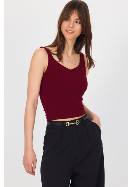 Bordo Kalın Askılı V Yaka Bluz 13293