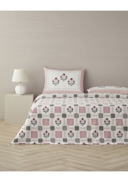 Floral Grid Pamuklu Ranforce King Size Nevresim Seti 240X220 cm Gül Kurusu
