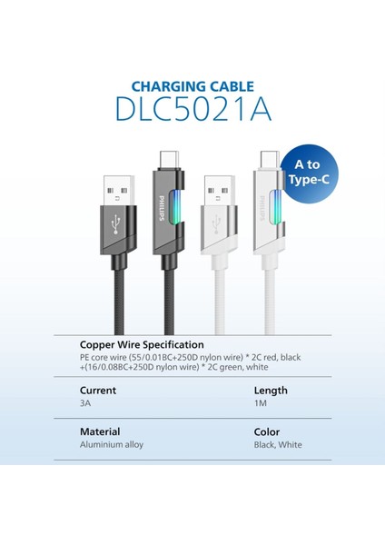 Usb-Type-C Şarj Kablosu,hızlı ŞARJ,3A Yüksek Akım,1 Metre,örgü Kablo,çok Renkli IŞIK,DLC5021A