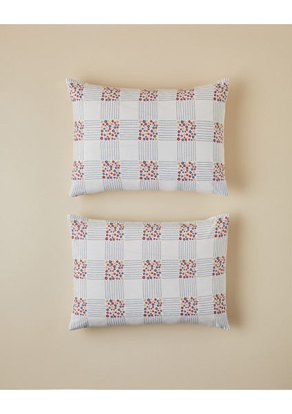 Daisy Plaid Kolay Ütülenir 2'li Yastık Kılıfı 50X70 cm Kırmızı - Mavi