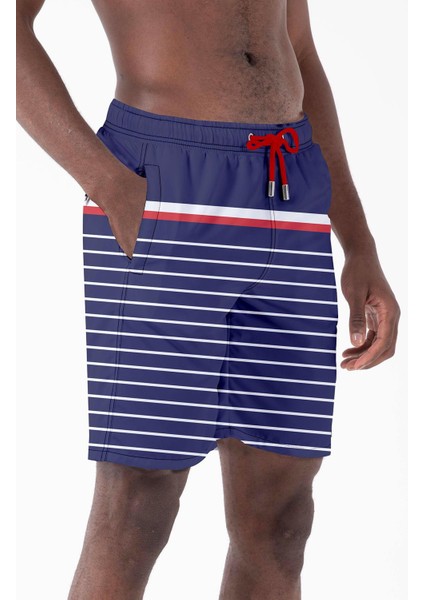 Uzun Boy Model Su Itici Özellikli Dijital Baskılı Erkek Plaj Deniz Şort Mayo 237-LACIVERT