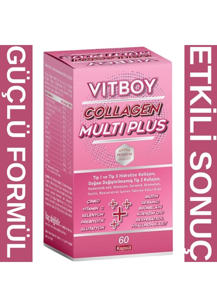 Hidrolize Kolajen Multi Plus Tip 1,2,3 Prebiyotik,Bromelain,Glutatyon,Seramid 60 Kapsül