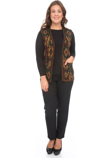 Kadın Etnik Desenli Cepli Kilim Yelek