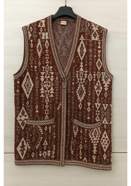 Kilim Desenli Düğmeli Cepli Anne Yelek