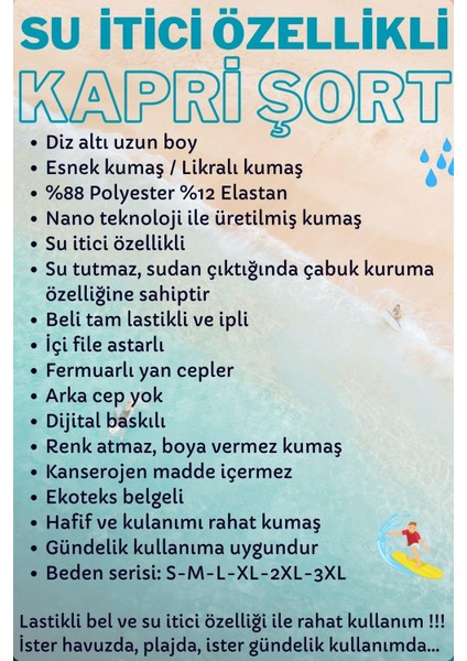 Diz Altı Uzun Model Su Itici Özellikli Likralı Esnek Kumaş Erkek Plaj Deniz Kapri Şort - 942-SIYAH