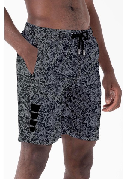 Uzun Boy Model Su Itici Özellikli Dijital Baskılı Erkek Plaj Deniz Şort Mayo - 243-SIYAH