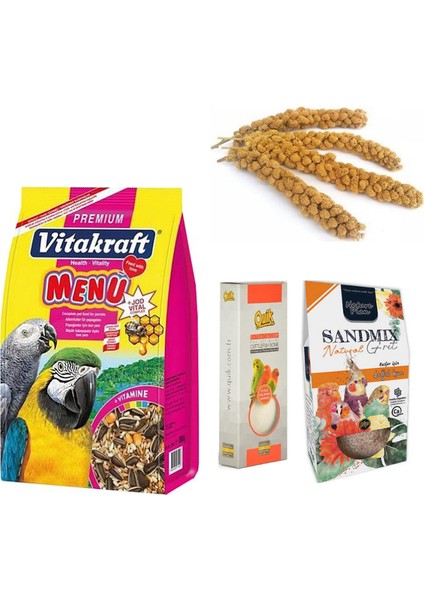 4 Lü Avantaj Paketi Vitakraft Papağan Yemi, Quik Kalamar Kemiği, Nature Plan Kuş Kumu, 100 gr Dal Darı