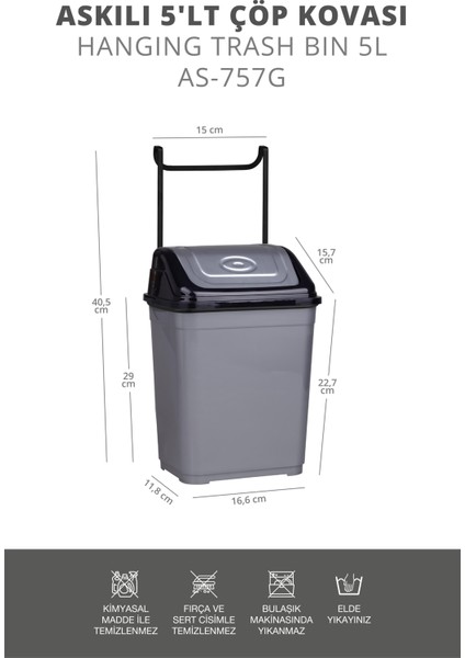 Askılı Çöp Kovası Gri-Siyah 5l