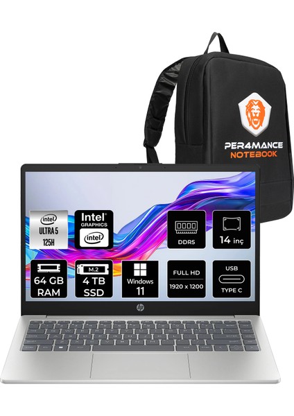 14 Intel Core Ultra 5 125H 64GB 4tb SSD 14" Fhd Windows 11 Home Taşınabilir Bilgisayar & Per4 Çanta B85WZEAPN335