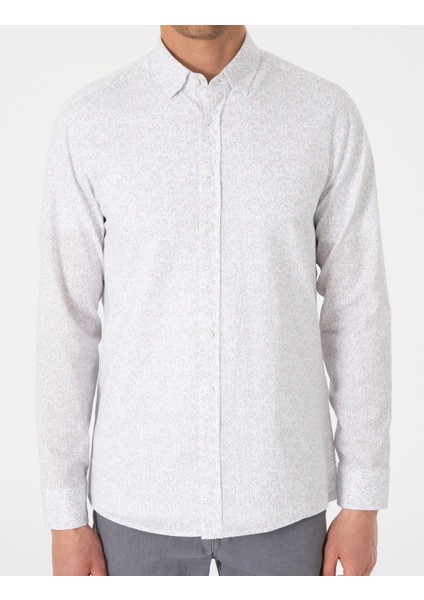Erkek Beyaz Desen Baskılı Slim Fit Uzun Kollu Gömlek 50303451-VR053