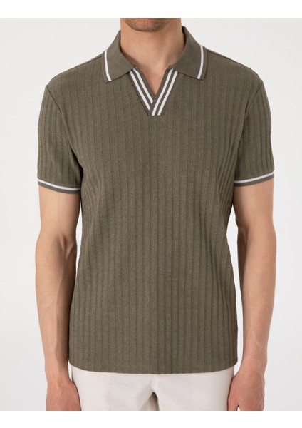 Erkek Haki Slim Fit Örme Dokulu Polo Yaka Tişört 50310162-VR027