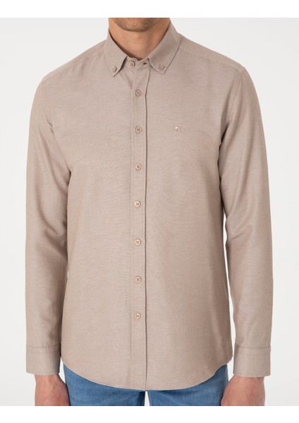 Erkek Vizon Oxford Slim Fit Kolay Ütülenebilir Gömlek 50306996-VR052