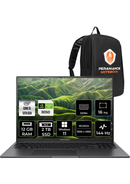 Vivobook 16X Intel Core I5 13420H 12GB 2tb SSD RTX3050/4GB 16" Fhd+ 144Hz Windows 11 Pro Taşınabilir Bilgisayar & Per4 Çanta K3605VCRP458WP359