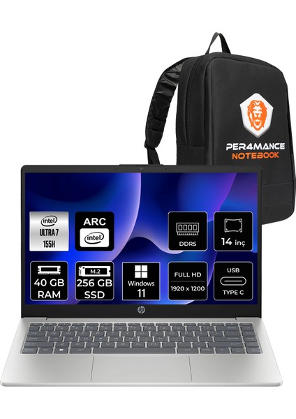 14 Intel Core Ultra 7 155H 40GB 256GB SSD 14" Fhd W11P Taşınabilir Bilgisayar & Per4 Çanta B86B8EAPN361