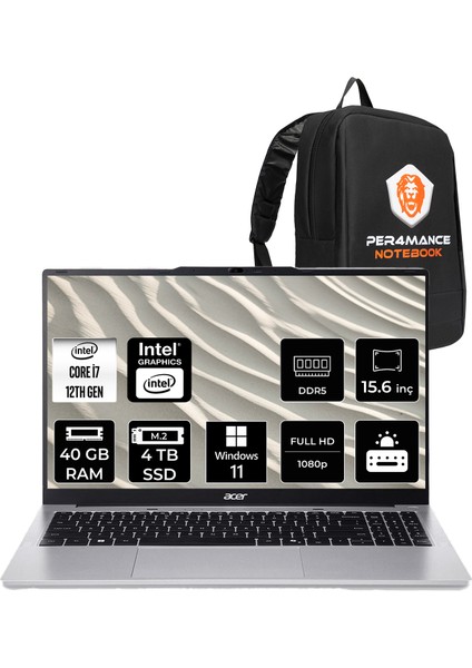 Aspire Lite Intel Core I7 12650H 40GB 4tb SSD 15.6" Fhd Windows 11 Pro Taşınabilir Bilgisayar & Per4 Çanta NXJ7LEY001P365