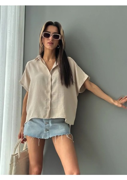 Kadın Keten Oversize Bej Sırt Dantel Detay Kısa Kollu Gömlek modelleri