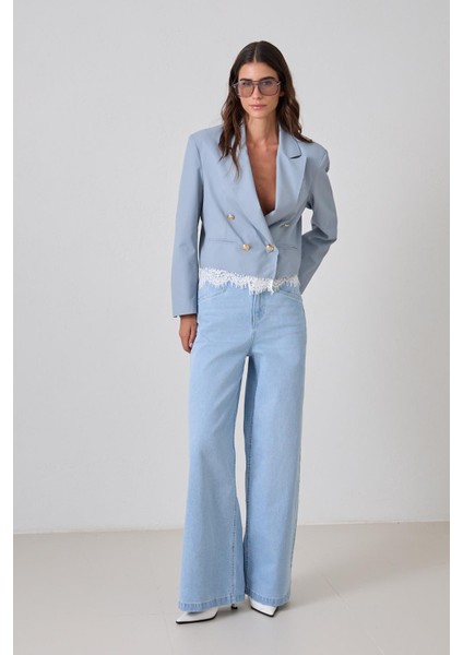 Mavi Kruvaze Kapama Dantel Detaylı Uzun Kollu Kısa Ceket modelleri